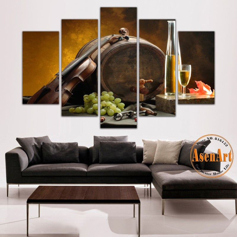 5 Panel Wall Art Grape Wine Barrel Violin Painting for Kitchen Bar Printed Canvas Painting Still Life Wall Paintings Unframed