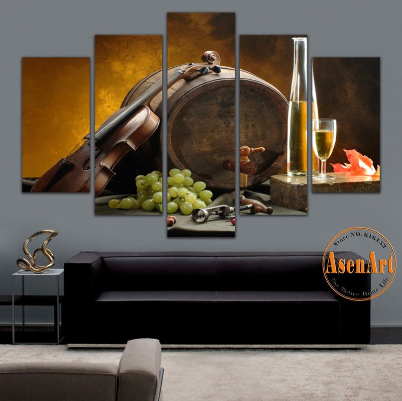 5 Panel Wall Art Grape Wine Barrel Violin Painting for Kitchen Bar Printed Canvas Painting Still Life Wall Paintings Unframed