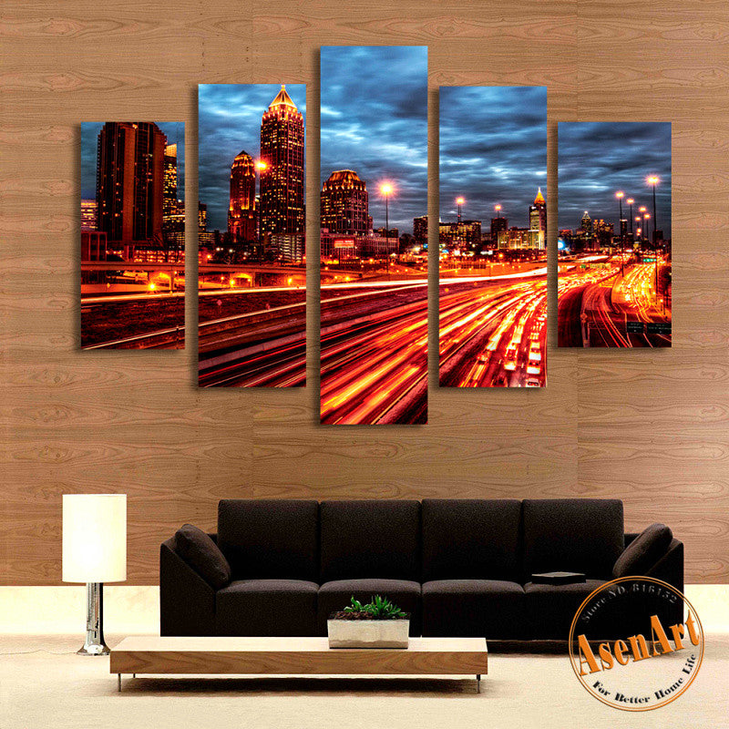 5 Panel Light Road Night City Landscape Painting for Living Room Modern Home Decor Wall Art Canvas Prints Unframed