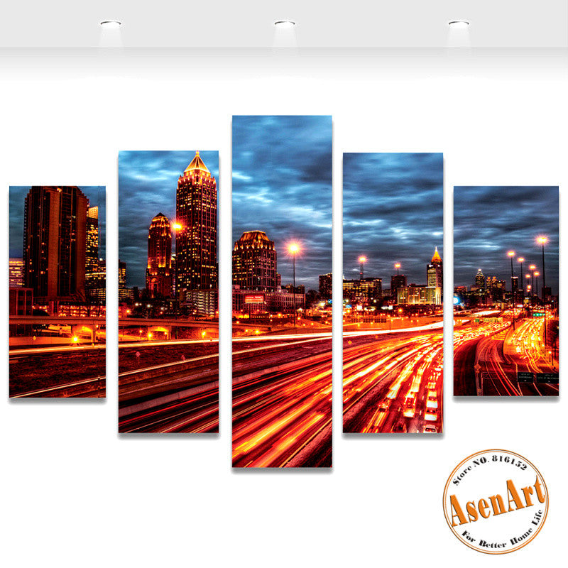 5 Panel Light Road Night City Landscape Painting for Living Room Modern Home Decor Wall Art Canvas Prints Unframed