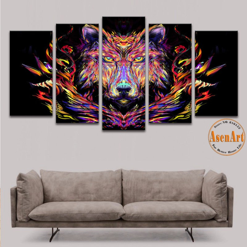 5 Panel Wall Painting Animal Colorful Wolf Paintings Prints on Canvas Wall Art for Living Room Modern Home Decor Unframed