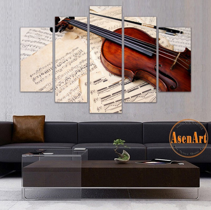 5 Panel Canvas Art Still Life Violin Painting Music Score Canvas Prints Wall Pictures for Living Room Modern Home Decor No Frame