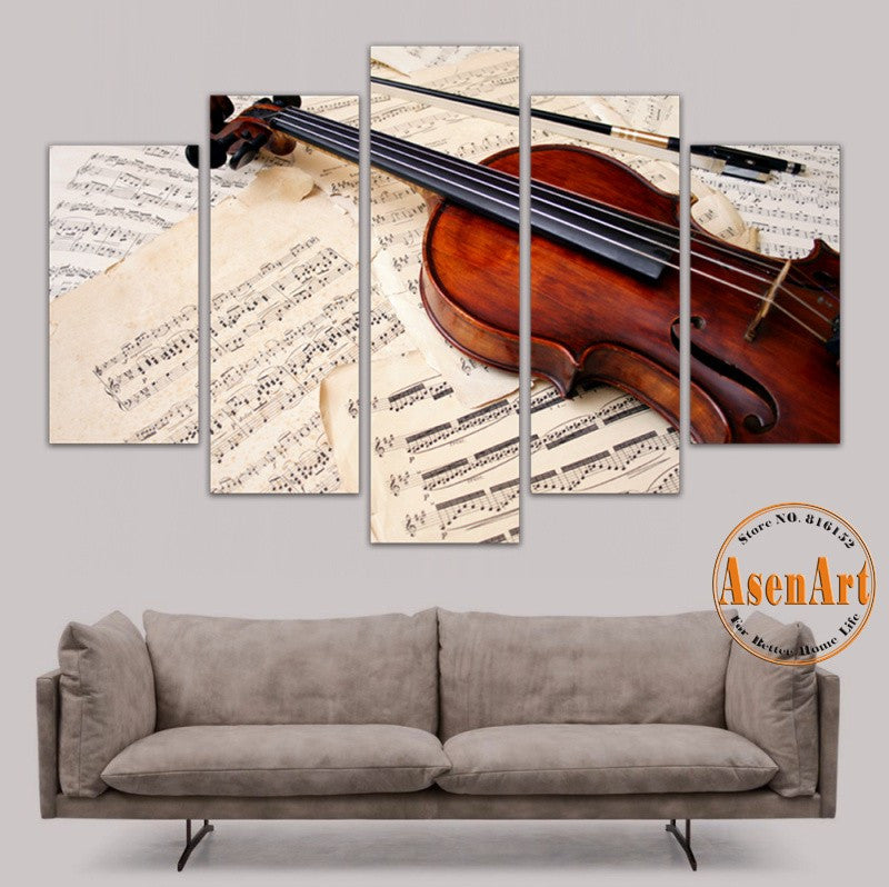 5 Panel Canvas Art Still Life Violin Painting Music Score Canvas Prints Wall Pictures for Living Room Modern Home Decor No Frame