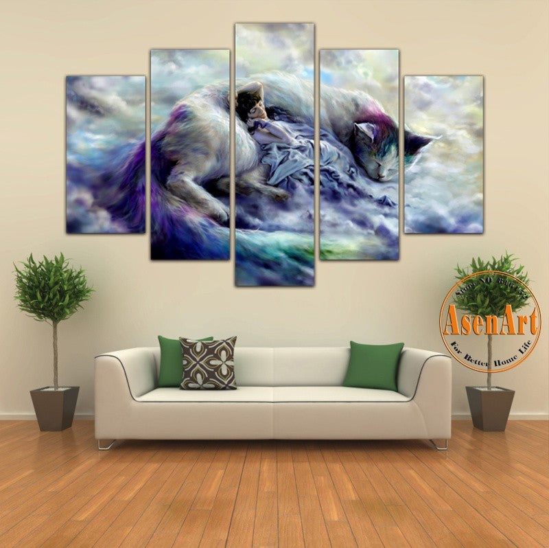 5 Panel Wall Art Canvas Prints Sleeping Cat Woman Painting Wall Pictures for Living Room Modern Home Decoration Unframed