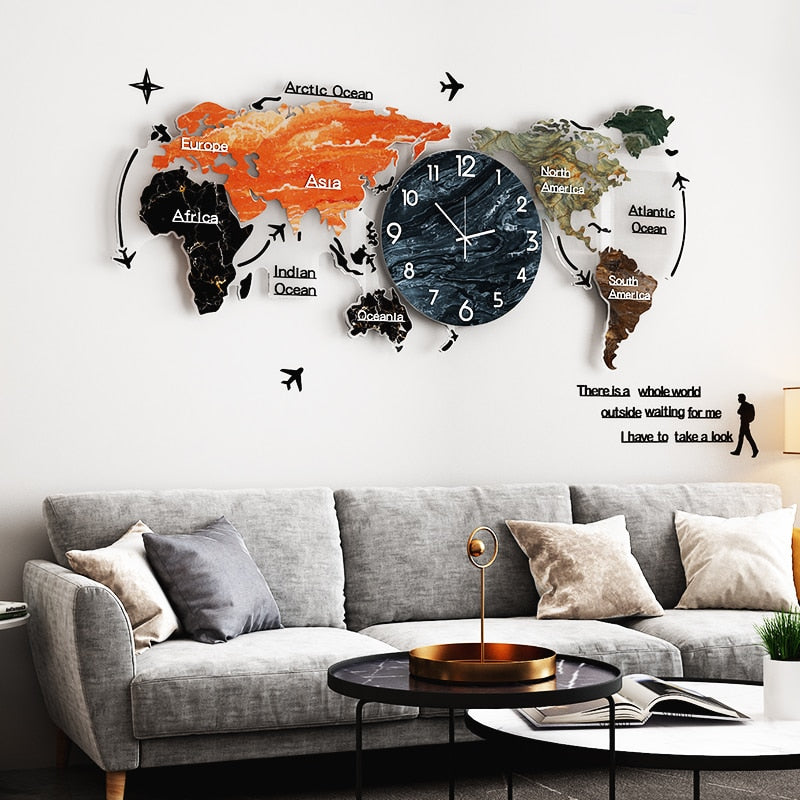 Color Paiting Acrylic Large Wall Clock Creative World Map Wall Hanging Clock Silent Wall Watch For Home Living Room Decoration