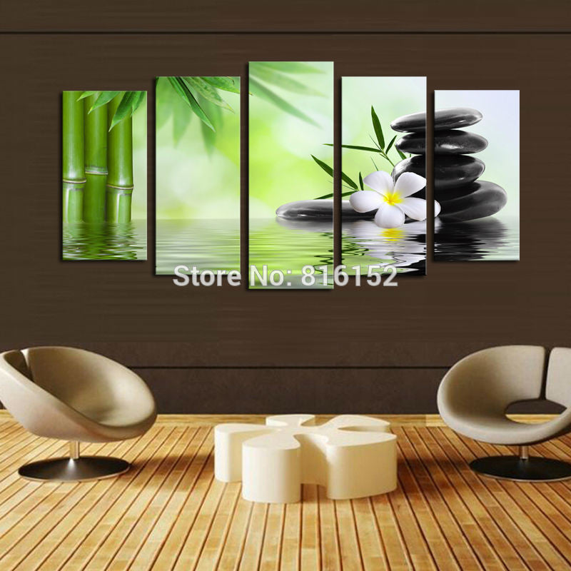 5 Panels Traditional Chinese Style Picture Bamboo Stone Canvas Printing Unframed Green Wall Art for Living Room Bedroom Decor