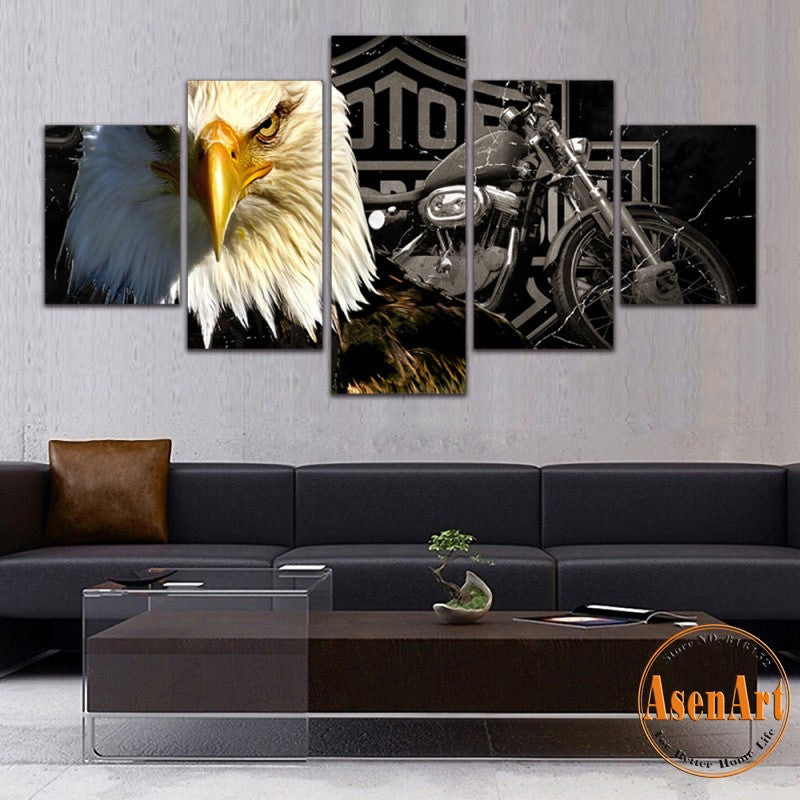 5 Panel Canvas Art Eagle Motorcycle Painting for Living Room Modern Home Decoration Wall Art Canvas Prints Wall Picture Unframed