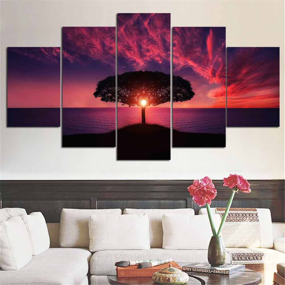 Unframed Oil Painting Red Sunset By Sea Landscape Posters and Prints Home Decor Wall Art Canvas Picture for Living Room 5 Pieces