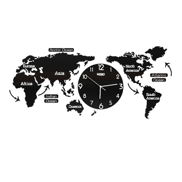 Punch-free DIY Black Acrylic World Map Large Wall Clock Modern Desgin Stickers Silent Watch Home Living Room Kitchen Decorarion