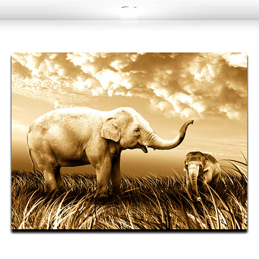 African Elephant Mon and Baby Modern Animal Painting Canvas Print  for Home Living Room Office Hotel Wall Art Decor