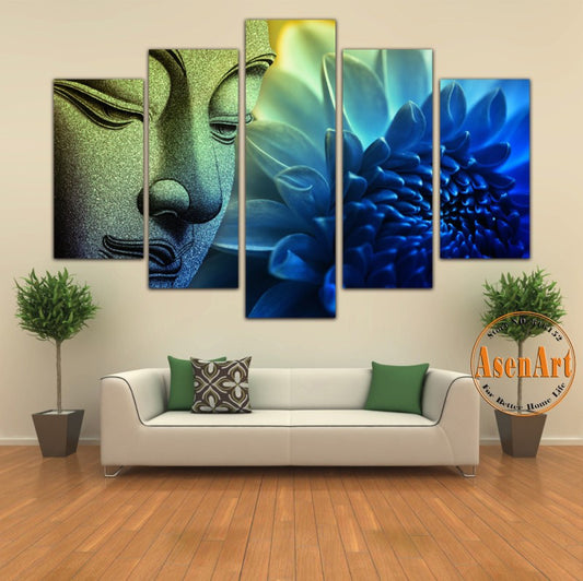 5 Pieces Wall Picture Buddha Painting Flower Canvas Wall Art Picture Home Decoration Canvas Print Artwork Unframed