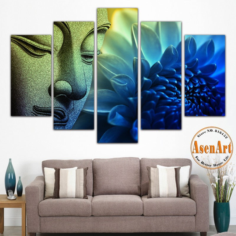 5 Pieces Wall Picture Buddha Painting Flower Canvas Wall Art Picture Home Decoration Canvas Print Artwork Unframed