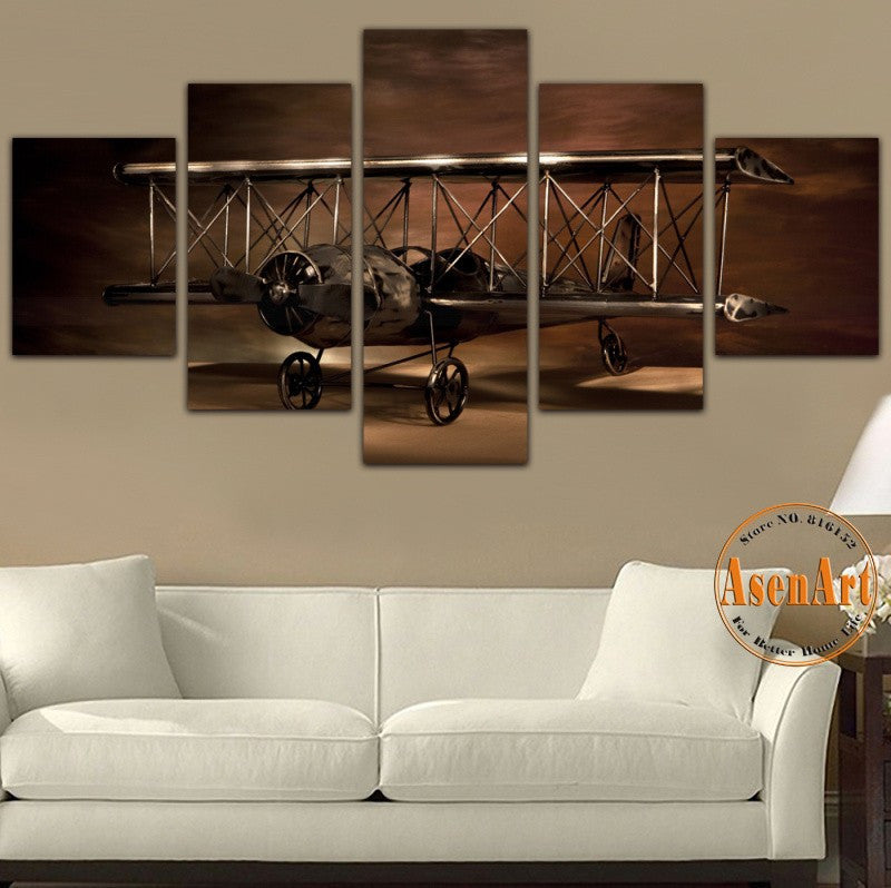 5 Panel Painting Airplane Aircraft Model Biplane Wall Art Canvas Prints Modern Artwork Wall Pictures for Living Room Unframed