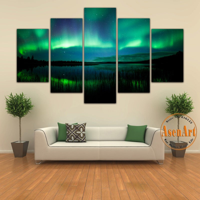 5 Panel Aurora Borealis Painting Beautiful Landscape Scenery Wall Art Canvas Prints Unframed