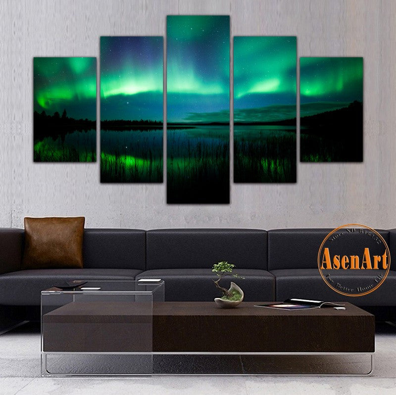 5 Panel Aurora Borealis Painting Beautiful Landscape Scenery Wall Art Canvas Prints Unframed