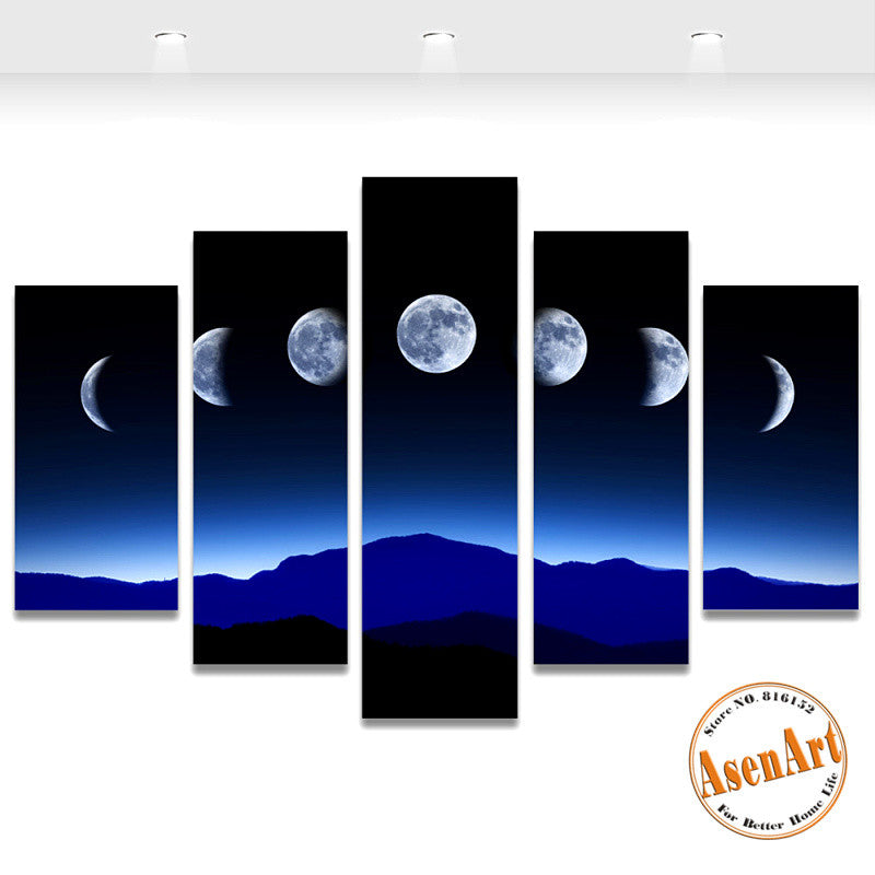 5 Panel Dark Moon Picture Mountain Night Landscape Painting for Bedroom Wall Art Canvas Prints No Frame
