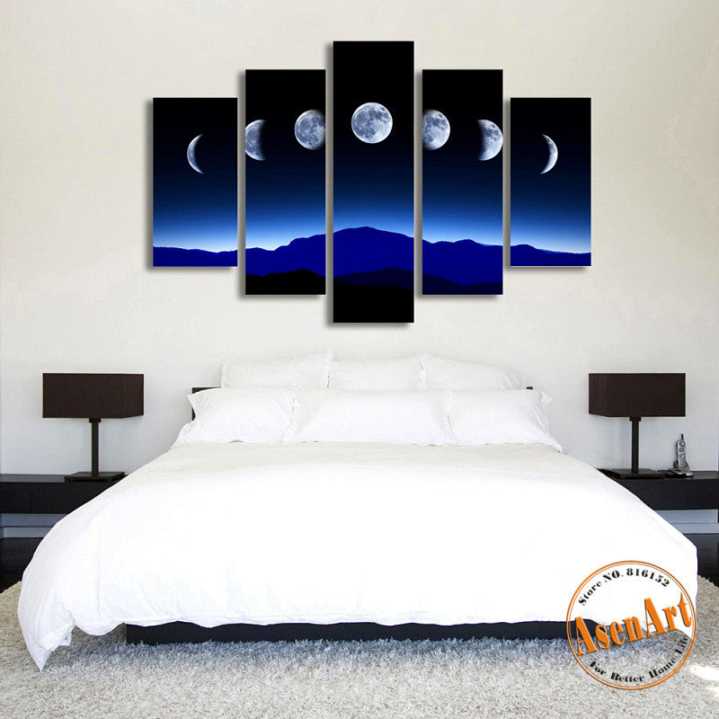5 Panel Dark Moon Picture Mountain Night Landscape Painting for Bedroom Wall Art Canvas Prints No Frame