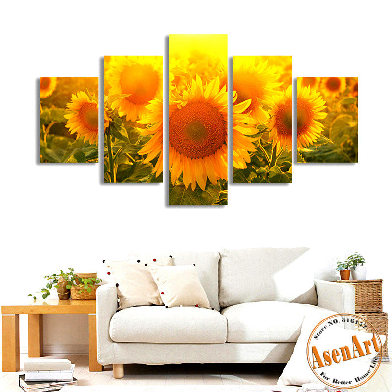5 Piece Wall Art Large Sunflower Painting Modern Floral Paintings Canvas Prints Flowers Picture for Bedroom Decor No Frame