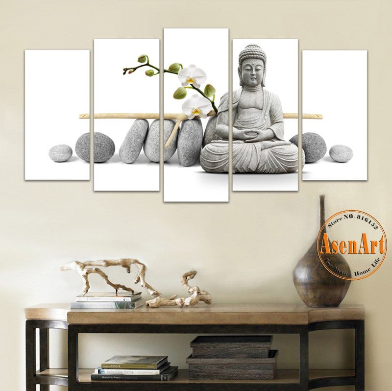 5 Panel Painting Flower Stone Buddha Wall Art Canvas Print Modern Artwork for Living Room Home Decoration Unframed