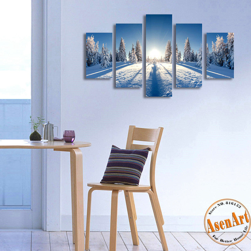 5 Panels Beautiful Nature Snow Winter Landscape Picture Canvas Print Sunrise Painting Tree For Living Room Wall Art Home Decor