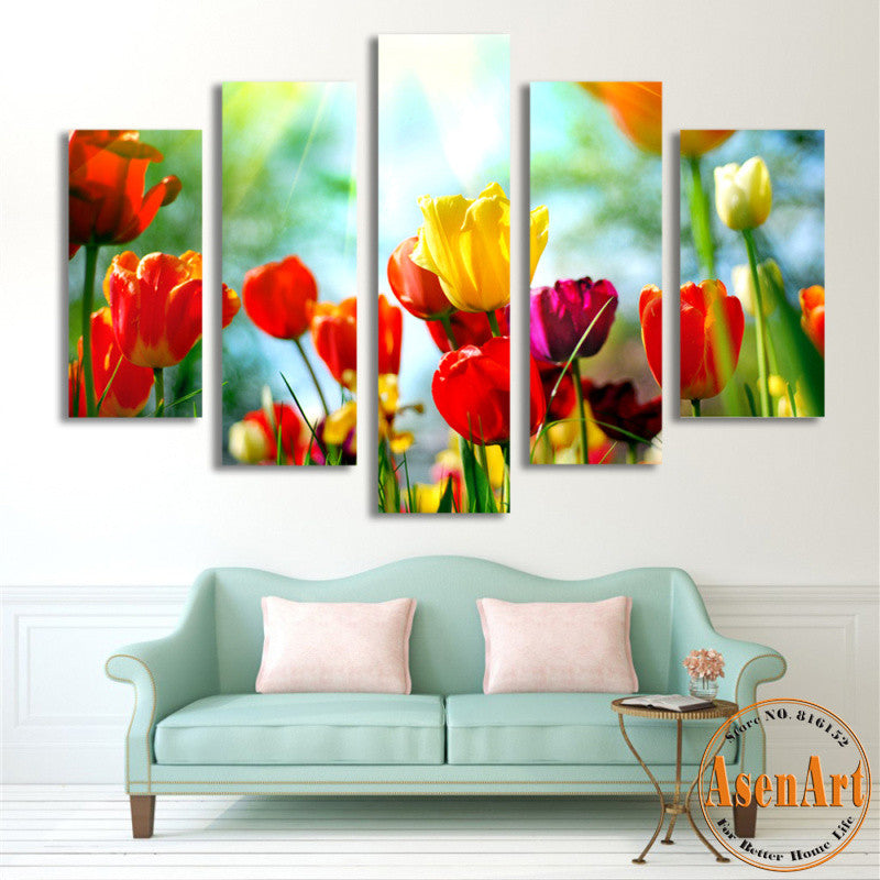 5 Panel Wall Art Tulip Paintings Canvas Print Flower Pictures Art Wall Paintings for Living Room Modern Home Decor No Frame
