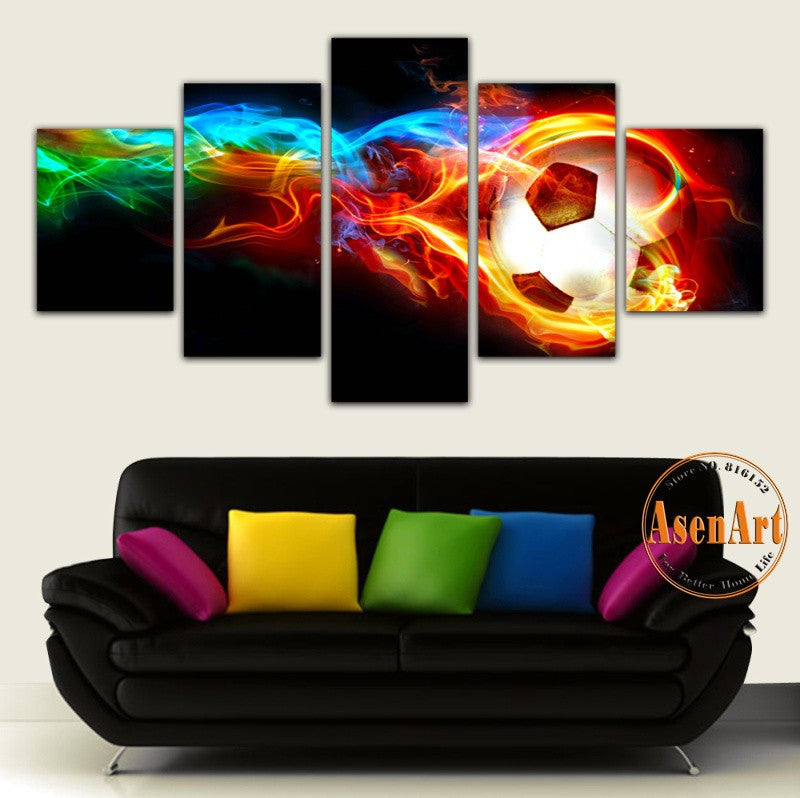 5 Panel Fire Football Picture Colorful Painting for Living Room Soccer Fan Home Decor Wall Art Canvas Prints Unframed