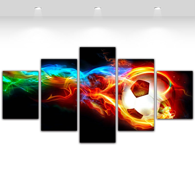 5 Panel Fire Football Picture Colorful Painting for Living Room Soccer Fan Home Decor Wall Art Canvas Prints Unframed