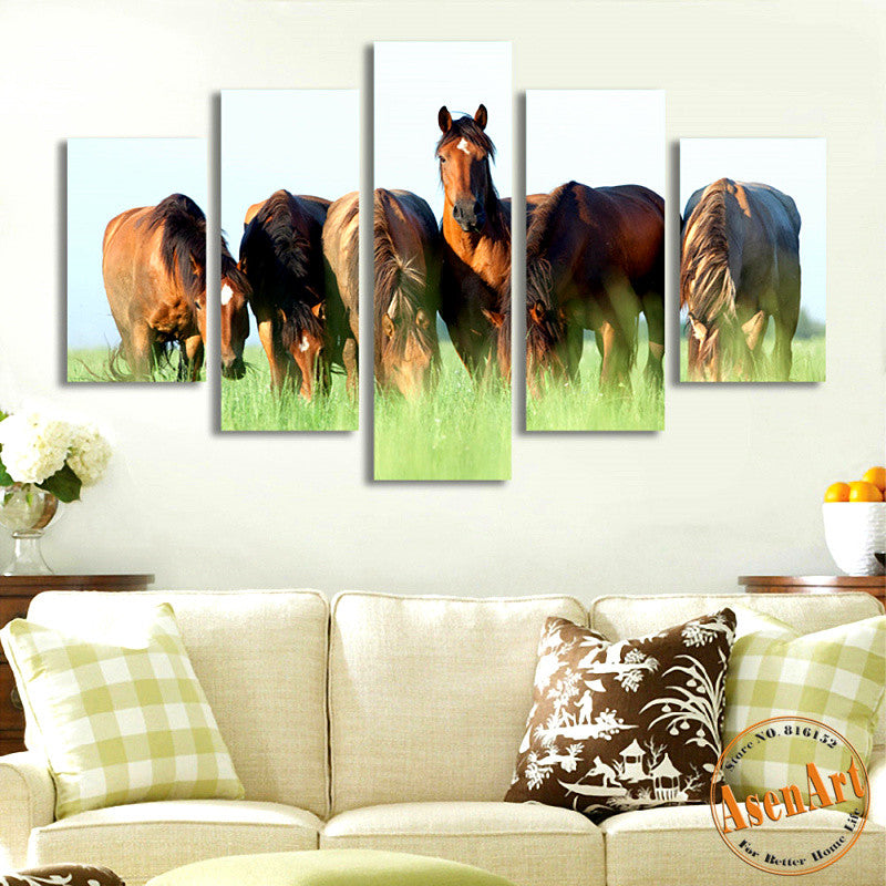5 Panel Grasslands Animal Painting Horses Painting Home Decoration Wall Art Canvas Prints Picture for Living Room No Frame