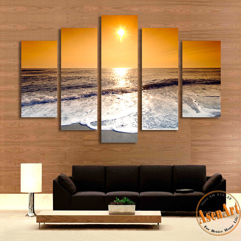 5 Panel Seaside Painting Sunset Painting Wall Art Canvas Prints Picture for Living Room Unframed Modern Home Decor