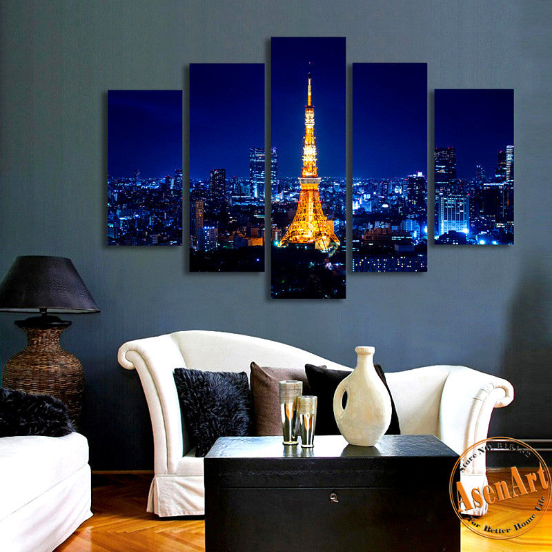 5 Panel Wall Art Tokyo Tower Night Landscape Painting Canvas Prints Artwork Picture for Living Room Unframed