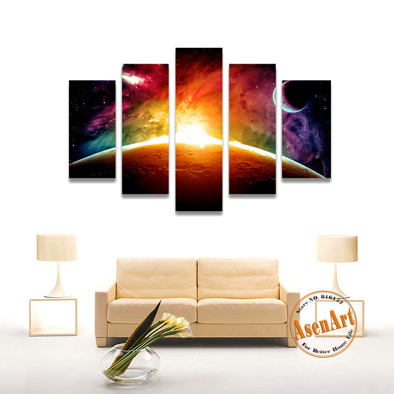 Amazing Outer Space Painting Star Moon 5 Panel Wall Art Canvas Prints Artwork Picture for Living Room Decor Unframed