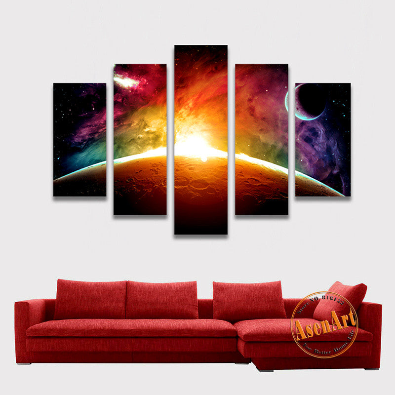 Amazing Outer Space Painting Star Moon 5 Panel Wall Art Canvas Prints Artwork Picture for Living Room Decor Unframed