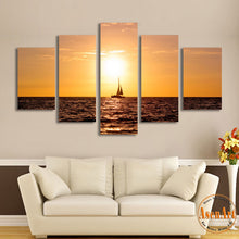 Load image into Gallery viewer, 5 Panel Sunset Seascape Paintings Single Sailing Boat Picture Print on Canvas Wall Art Pictures for Living Room Unframed

