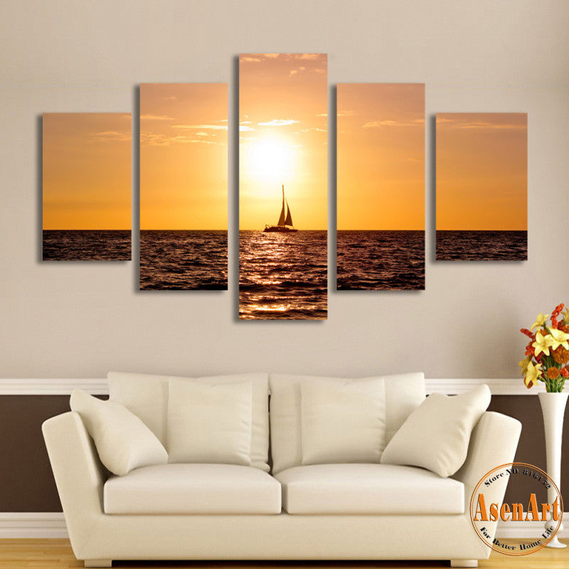 5 Panel Sunset Seascape Paintings Single Sailing Boat Picture Print on Canvas Wall Art Pictures for Living Room Unframed