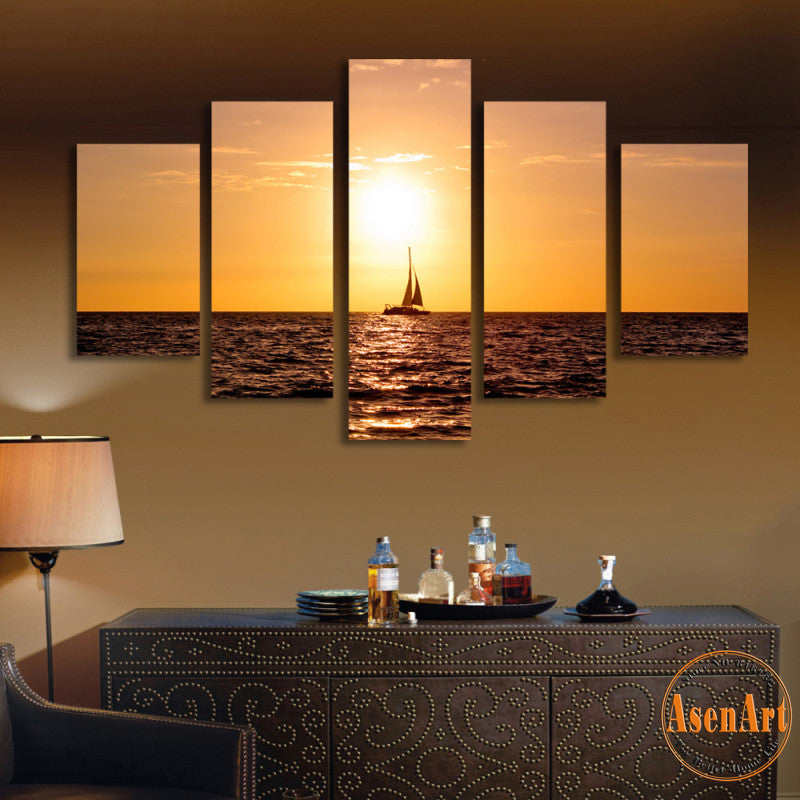 5 Panel Sunset Seascape Paintings Single Sailing Boat Picture Print on Canvas Wall Art Pictures for Living Room Unframed