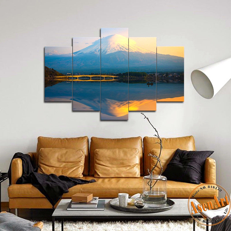 5 Piece Wall Art Snow Mountain Lake Sunset Landscape Painting Canvas Print Home Decoration Picture for Living Room Frameless