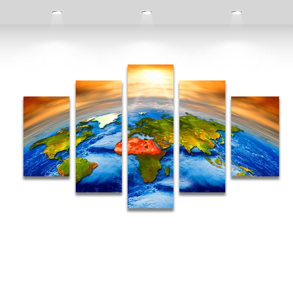 5 Piece Canvas Art Sun Outer Space Earth World Map Painting Picture for Living Room Wall Art Canvas Prints Artwork No Frame