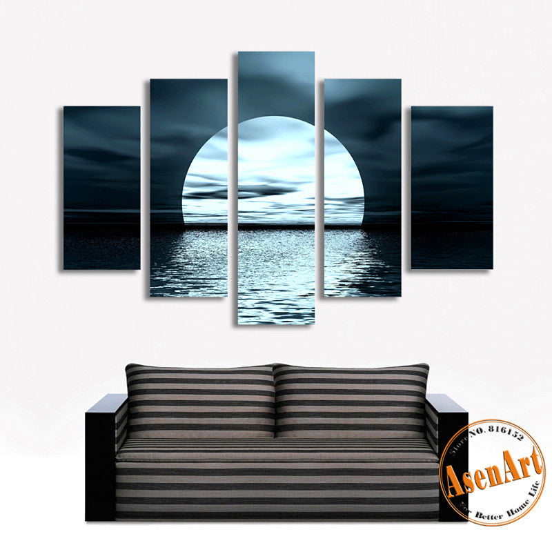5 Panel Moon Picture Night Sea Landscape Painting for Living Room Modern Home Decor Wall Art Canvas Prints No Frame