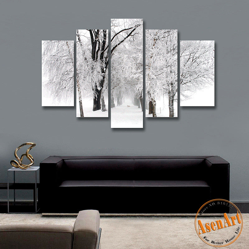 5 Panel Wall Art Winter Snow Paintings Modern Tree Painting Picture for Living Room Wall Decor Canvas Prints Artwork Unframed