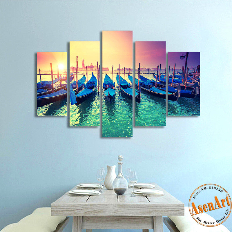 5 Piece Wall Art Yacht Harbor Boat Painting Canvas Prints Artwork Modern Home Decor Picture for Living Room Unframed