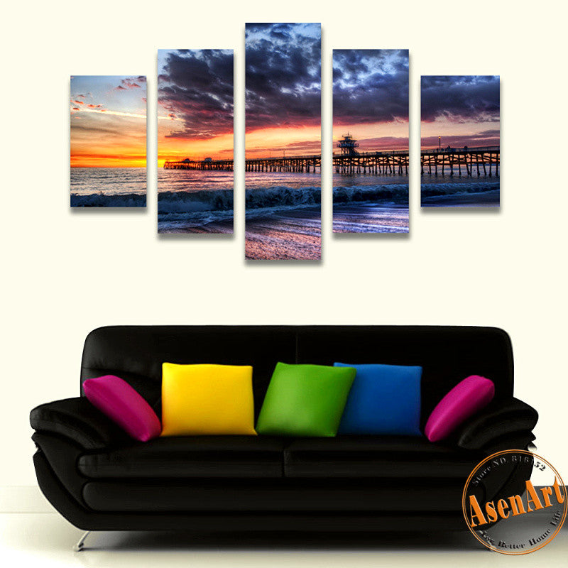5 Panel Seaside Walkway Sunset Painting Wall Art Canvas Prints Picture for Bedroom Modern Home Decor Unframed