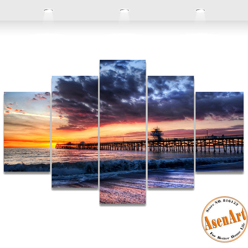 5 Panel Seaside Walkway Sunset Painting Wall Art Canvas Prints Picture for Bedroom Modern Home Decor Unframed