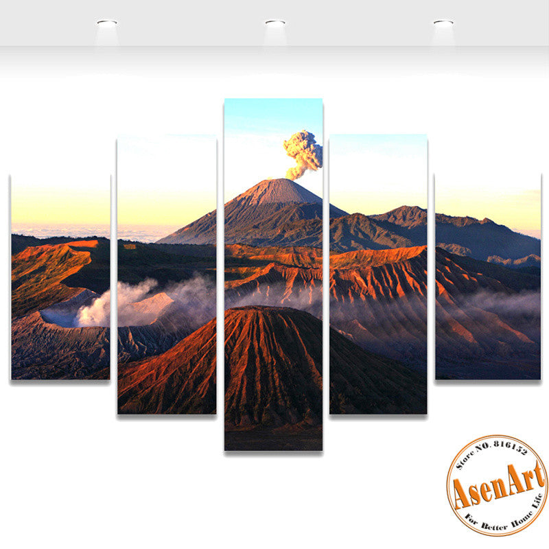 5 Panel Volcano Landscape Painting Mountain Picture Sunset Canvas Printing Modern Home Decor Wall Art for Living Room Unframed