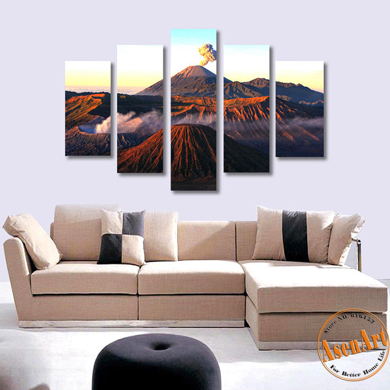 5 Panel Volcano Landscape Painting Mountain Picture Sunset Canvas Printing Modern Home Decor Wall Art for Living Room Unframed