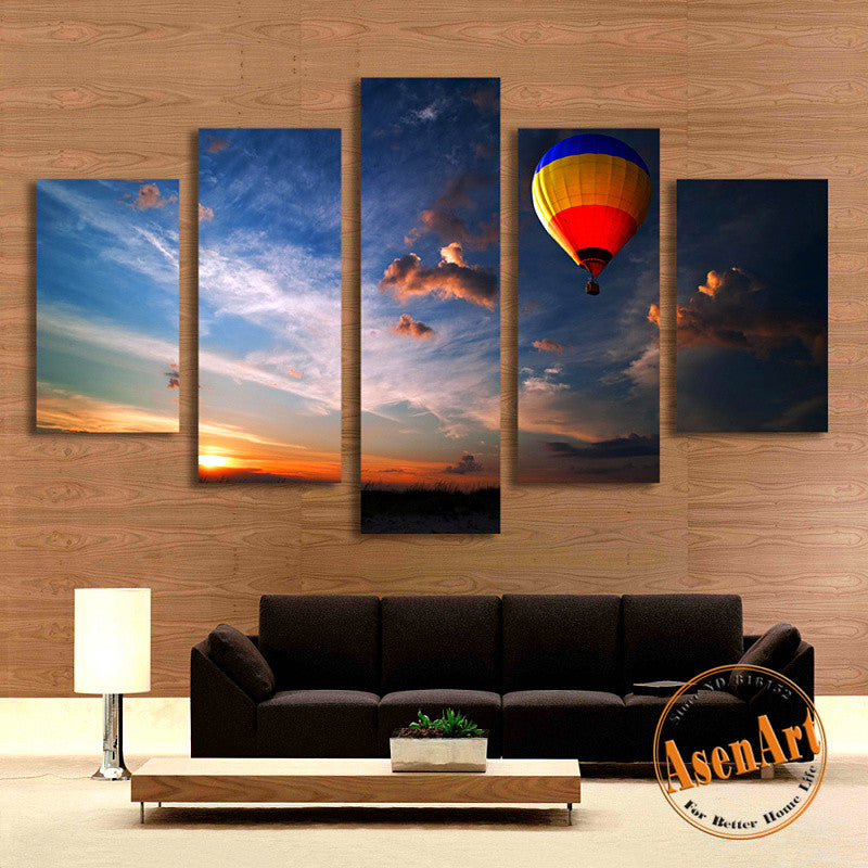5 Panel Balloon Painting Sunset Landscape Painting Modern Home Decor Wall Art Canvas Prints Picture for Living Room Unframed