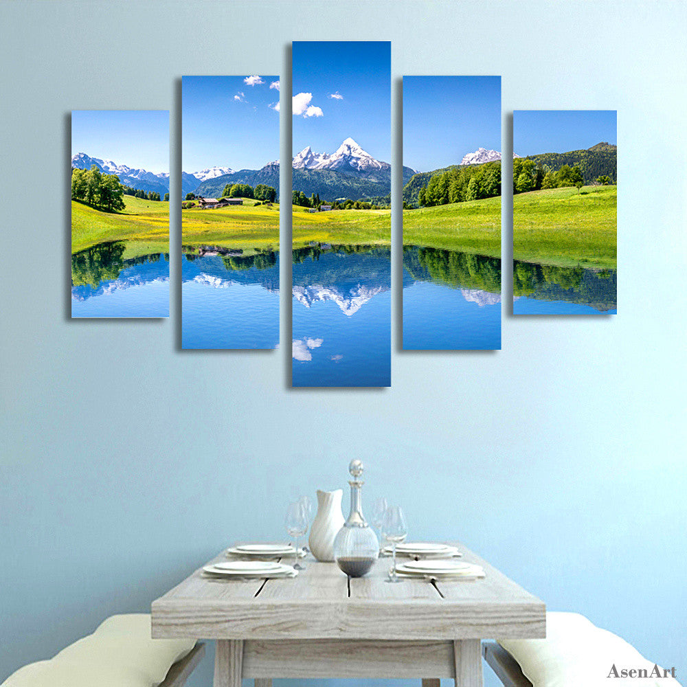 5 Panel Nature Landscape Painting Snow Mountain Lake Scenery Wall Art Picture Home Decoration Living Room Canvas Print Unframed