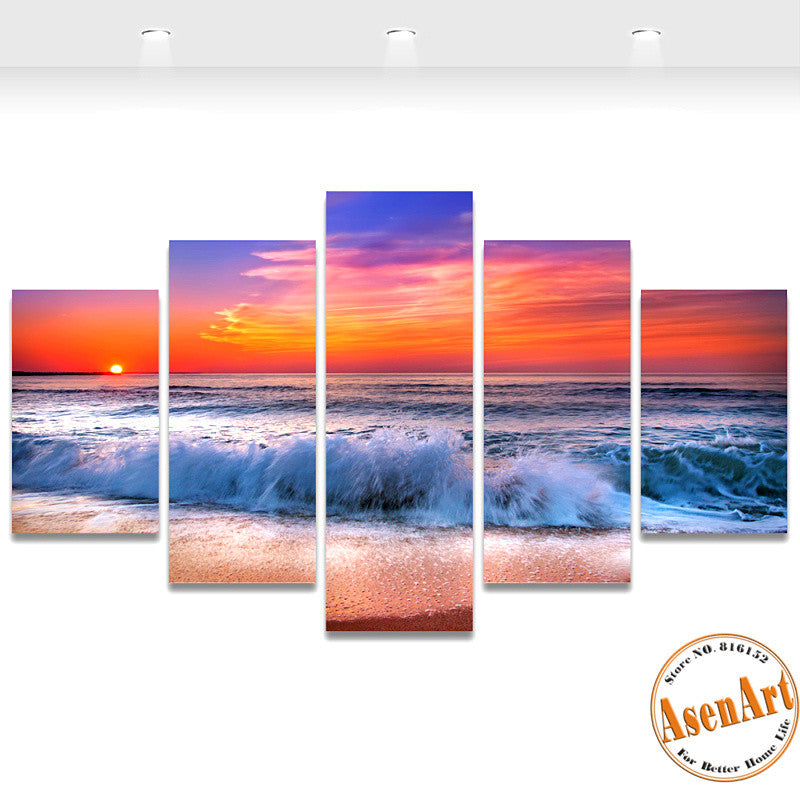 5 Panel Modern Sea Wave Painting Pictures Home Decoration Wall Art Ocean Sunset Painting or Living Room Canvas Prints Unframed