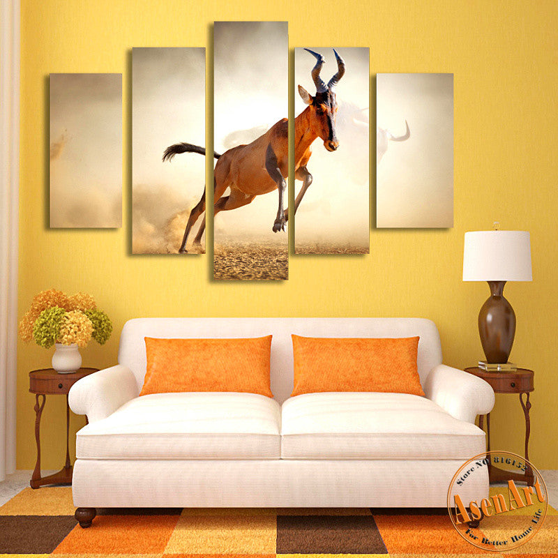 5 Panel Wall Art Running Antelope Animal Painting for Living Room Modern Home House Decoration Canvas Prints Artwork No Frame
