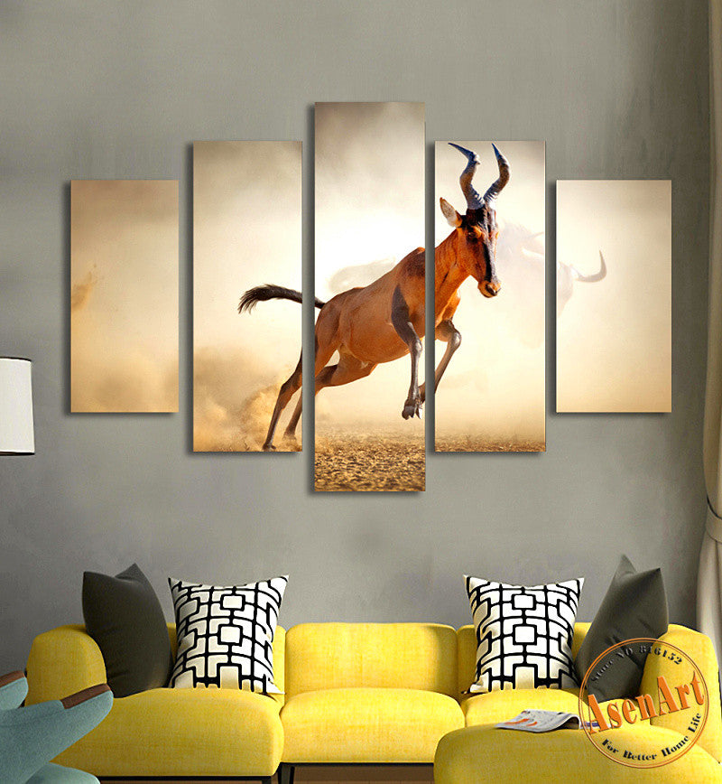 5 Panel Wall Art Running Antelope Animal Painting for Living Room Modern Home House Decoration Canvas Prints Artwork No Frame