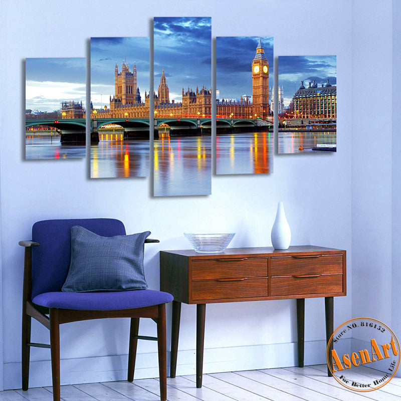 5 Panel Big Ben London Thames Landscape Print Canvas Painting Home Decoration Wall Art Picture for Living Room Unframed